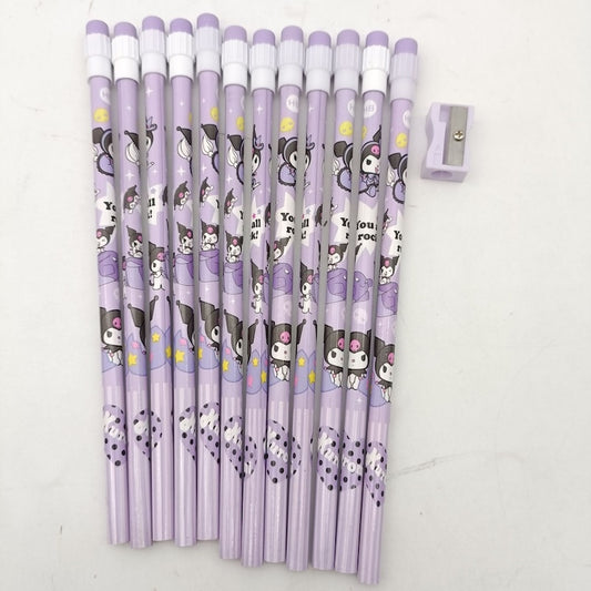 Cute Cartoon Pencils with Erasers – 12PCS Set (with Sharpener)