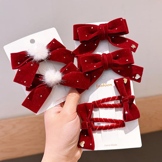 Elegant Velvet Gold-Stamped Bow Hair Clips for Girls