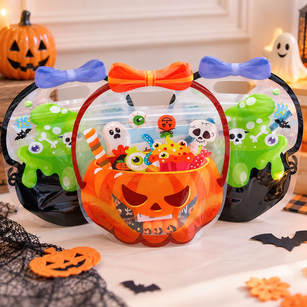 Halloween Goodie Bags for Kids – 6 Piece Set (Bag, Stickers, Keychain, Pencil, Eraser, Notebook)