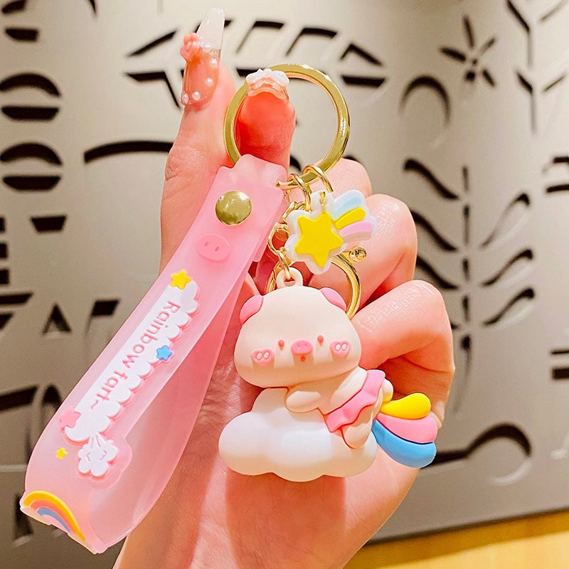 Cartoon Soft Silicone Keychain - Rainbow Cloud Pig