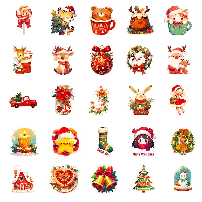 50-Pack Creative Hand-Drawn Christmas Stickers – Waterproof Holiday Décor Set T01042161