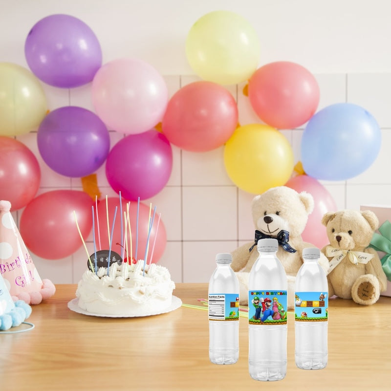 Birthday Party Water Bottle Labels 24 PCS Set - Super Mario