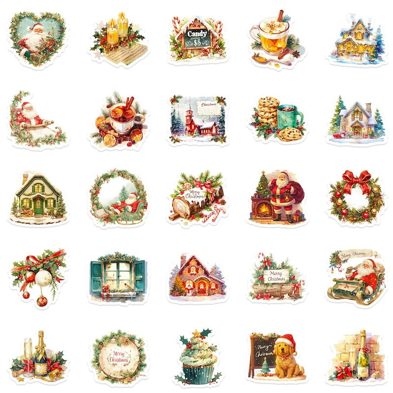 50-Pack Creative Hand-Drawn Christmas Stickers – Waterproof Holiday Décor Set T01042160