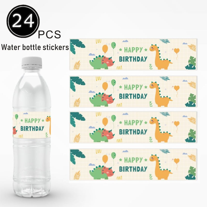 Birthday Party Water Bottle Labels 24PCS Set - Cute Dinosaurs
