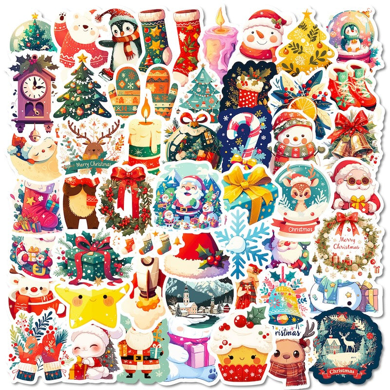 50-Pack Creative Hand-Drawn Christmas Stickers – Waterproof Holiday Décor Set T01042164