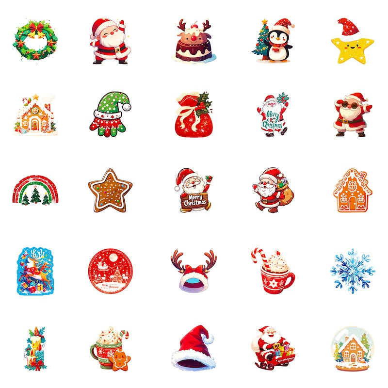 50-Pack Creative Hand-Drawn Christmas Stickers – Waterproof Holiday Décor Set T01042159