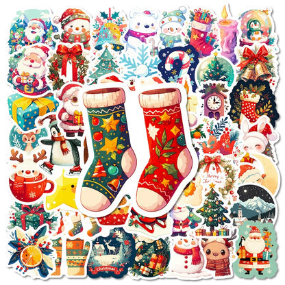 50-Pack Creative Hand-Drawn Christmas Stickers – Waterproof Holiday Décor Set T01042164