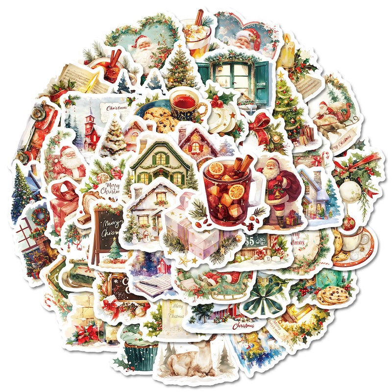 50-Pack Creative Hand-Drawn Christmas Stickers – Waterproof Holiday Décor Set T01042160