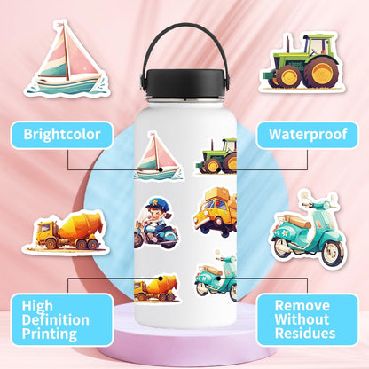 50PCS DIY Waterproof Stickers - Cute Vehicles