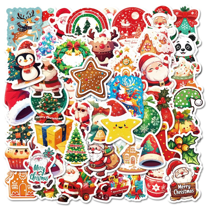 50-Pack Creative Hand-Drawn Christmas Stickers – Waterproof Holiday Décor Set T01042159