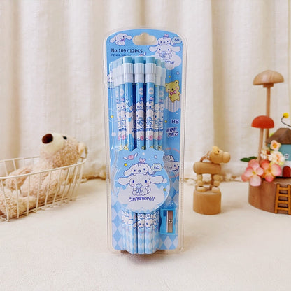 Cute Cartoon Pencils with Erasers – 12PCS Set (with Sharpener)