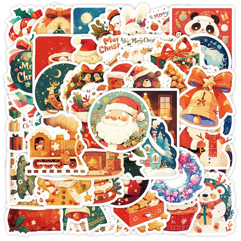 50-Pack Creative Hand-Drawn Christmas Stickers – Waterproof Holiday Décor Set T01042163