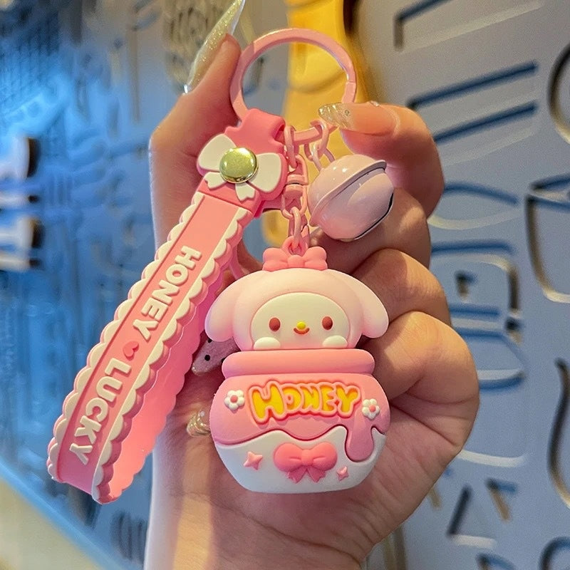 Cartoon Soft Silicone Keychain - Cute Honey Jar with Bell