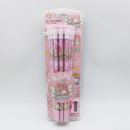 Cute Cartoon Pencils with Erasers – 12PCS Set (with Sharpener)