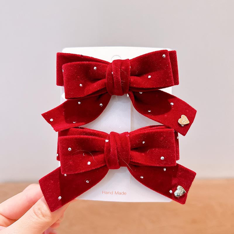 Elegant Velvet Gold-Stamped Bow Hair Clips for Girls