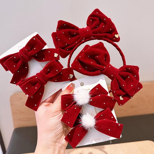 Elegant Velvet Gold-Stamped Bow Hair Clips for Girls
