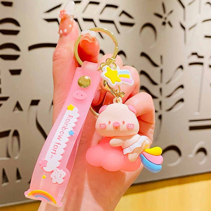 Cartoon Soft Silicone Keychain - Rainbow Cloud Pig
