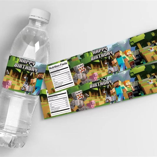 Birthday Party Water Bottle Labels 24 PCS Set - Minecraft