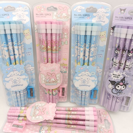 Cute Cartoon Pencils with Erasers – 12PCS Set (with Sharpener)