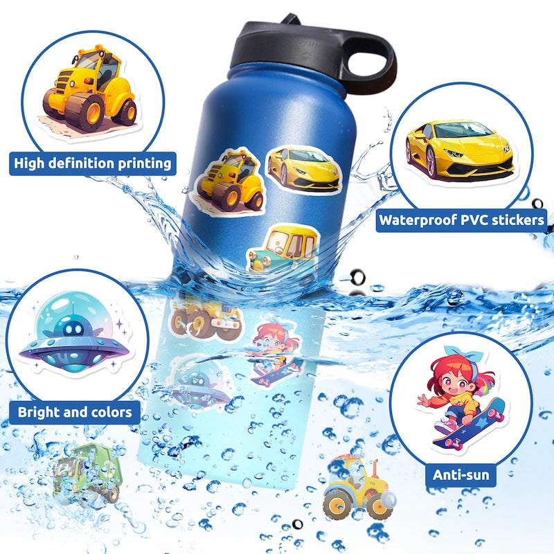50PCS DIY Waterproof Stickers - Cute Vehicles