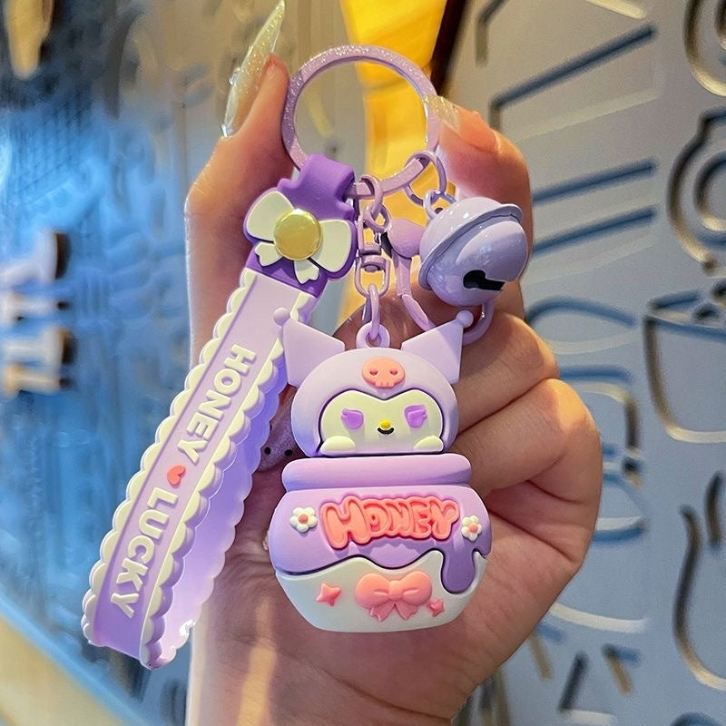 Cartoon Soft Silicone Keychain - Cute Honey Jar with Bell