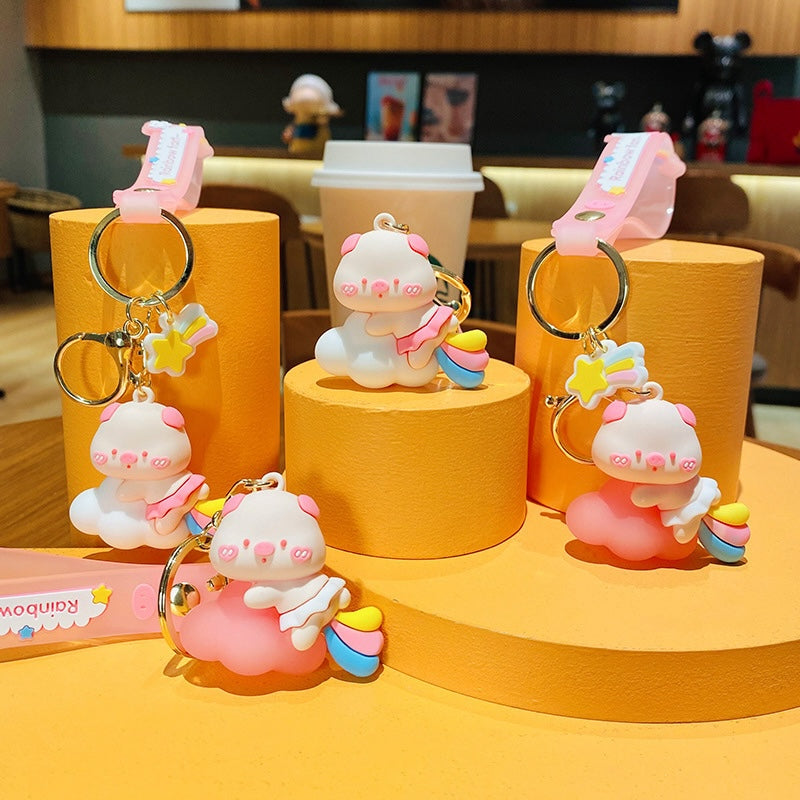 Cartoon Soft Silicone Keychain - Rainbow Cloud Pig