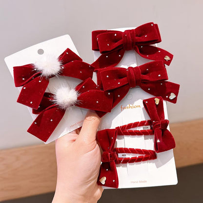 Elegant Velvet Gold-Stamped Bow Hair Clips for Girls