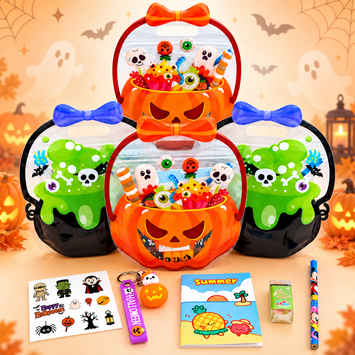 Halloween Goodie Bags for Kids – 6 Piece Set (Bag, Stickers, Keychain, Pencil, Eraser, Notebook)